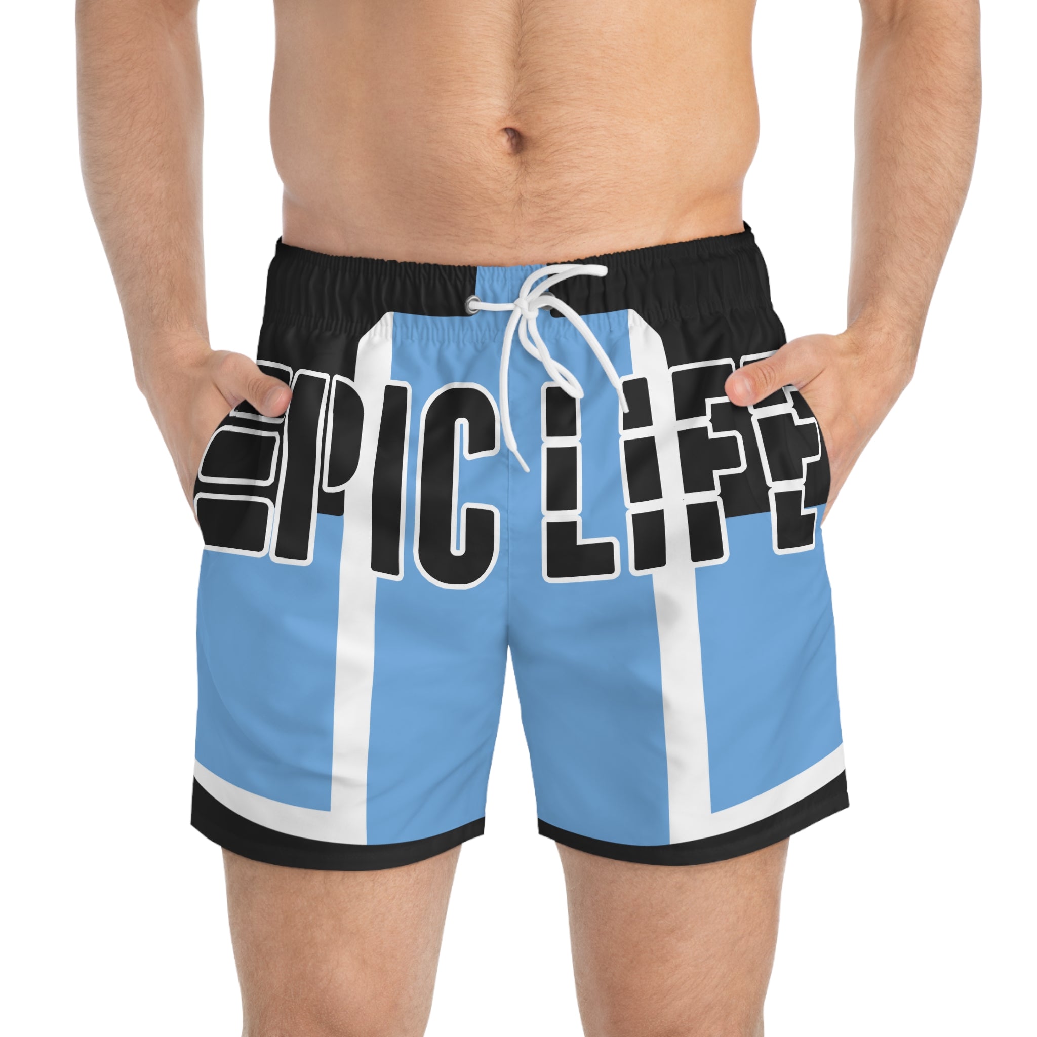 Epic Life Swim Trunks — Blue Graphic All-Over Print Beach Shorts
