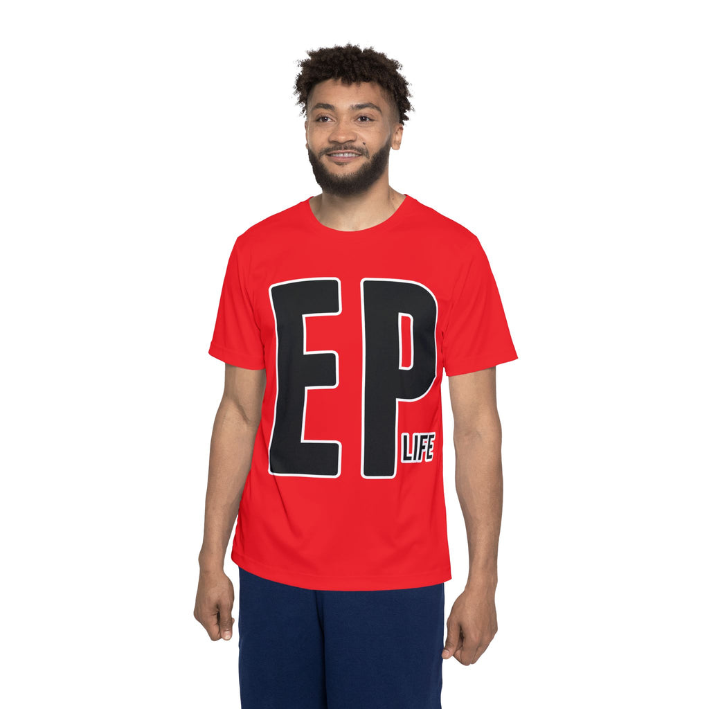 EP Life Red Sports Jersey — Men's Athletic Tee with Bold Lettering