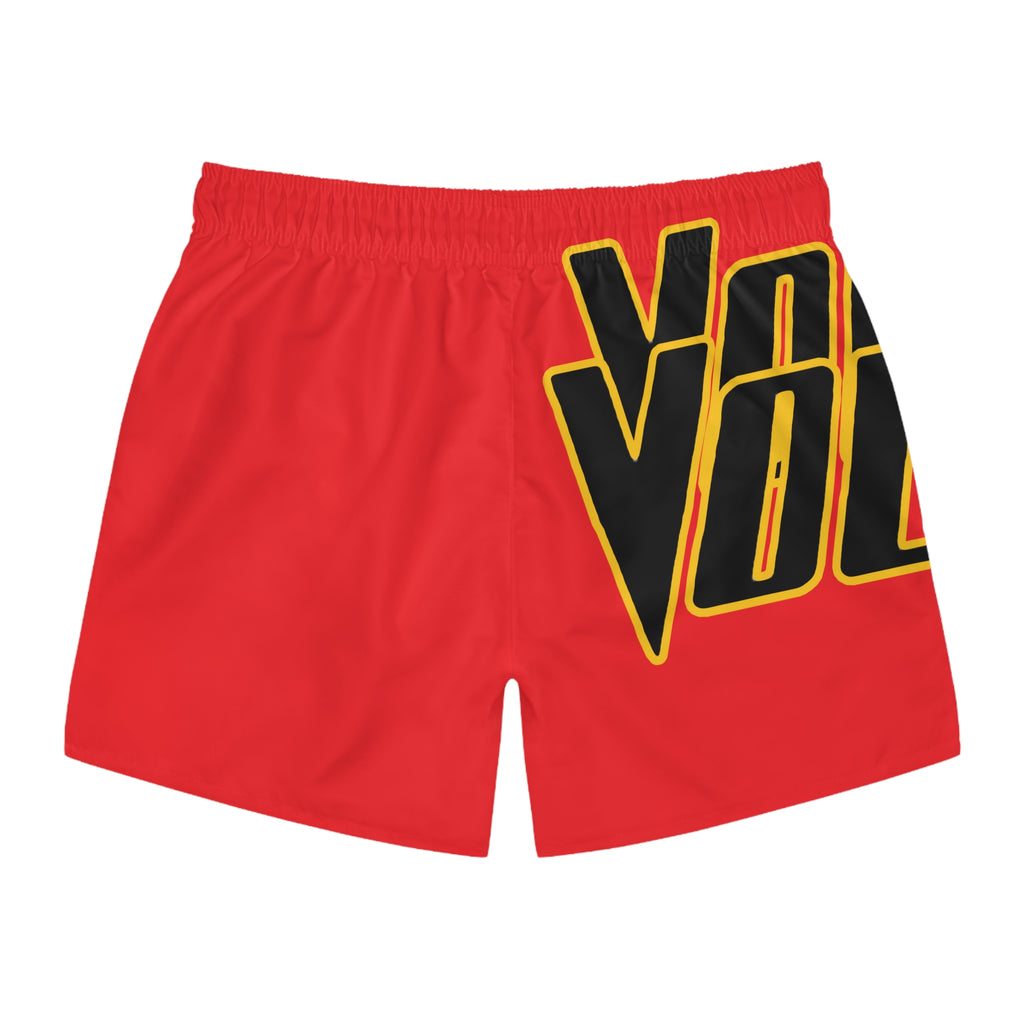 Red 'VOTE' Graphic Swim Trunks — Bold Patriotic Beach Shorts
