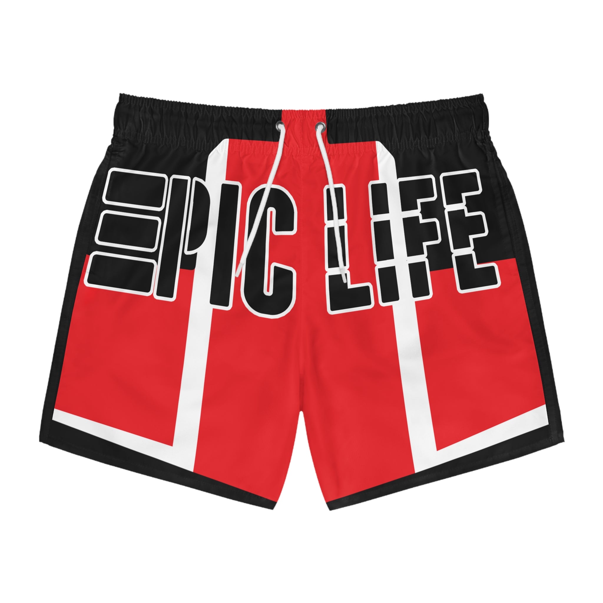 Epic Life Red Swim Trunks – Bold AOP Beach Shorts