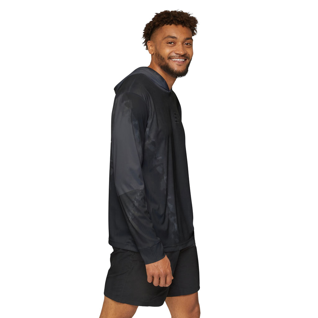 Men's Black Athletic Warmup Hoodie — Reflective Minimal Logo Sports Pullover