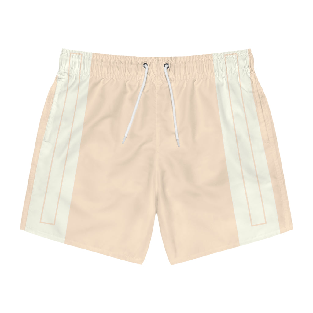 Minimal Beige Swim Trunks — Retro Stripe Beach Shorts