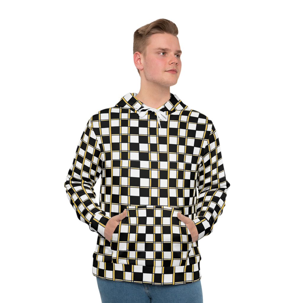 Checkerboard Gold-Trim Hoodie — Black & White Geometric All-Over Print