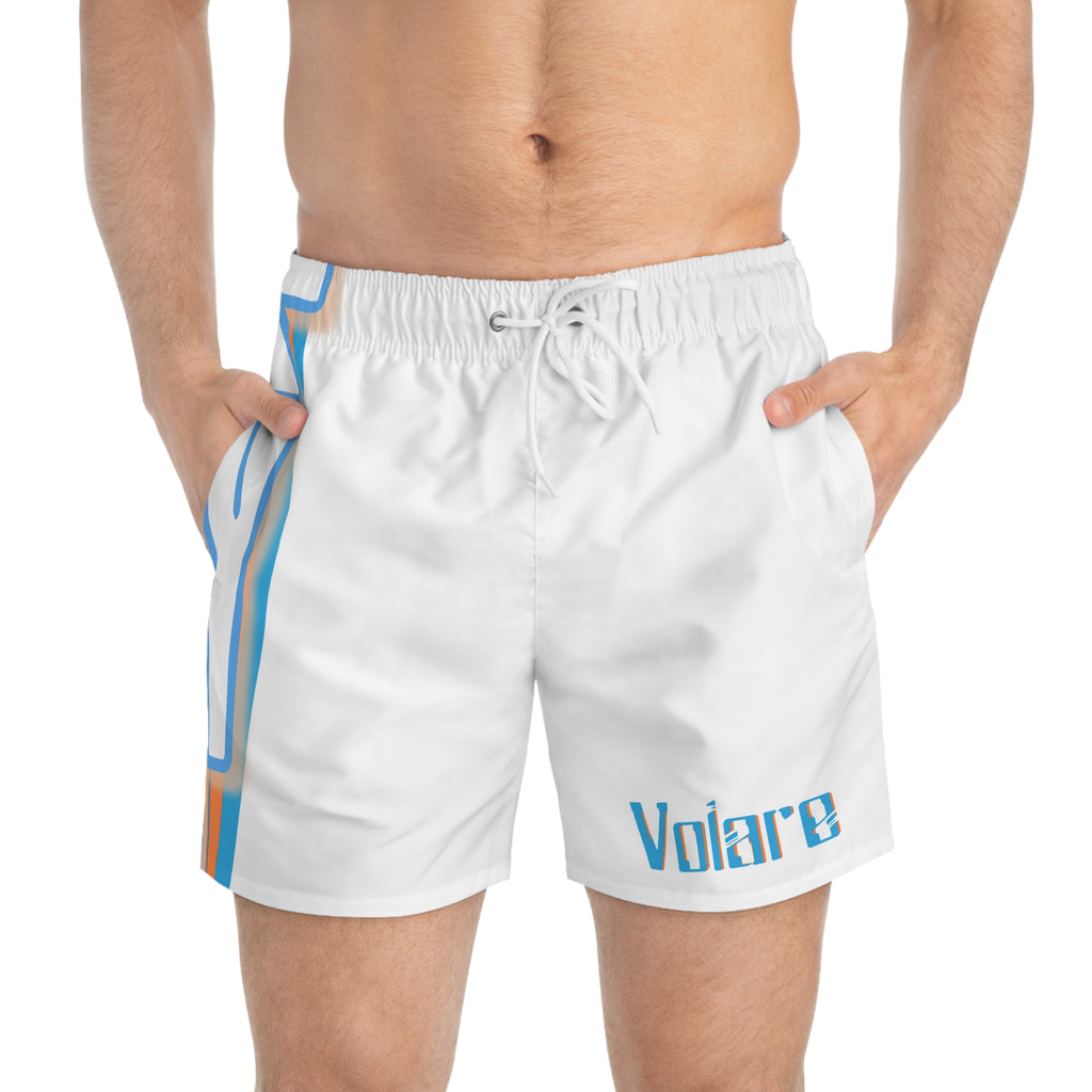 Volare White Swim Trunks — Retro Blue & Orange Side Logo All-Over Print