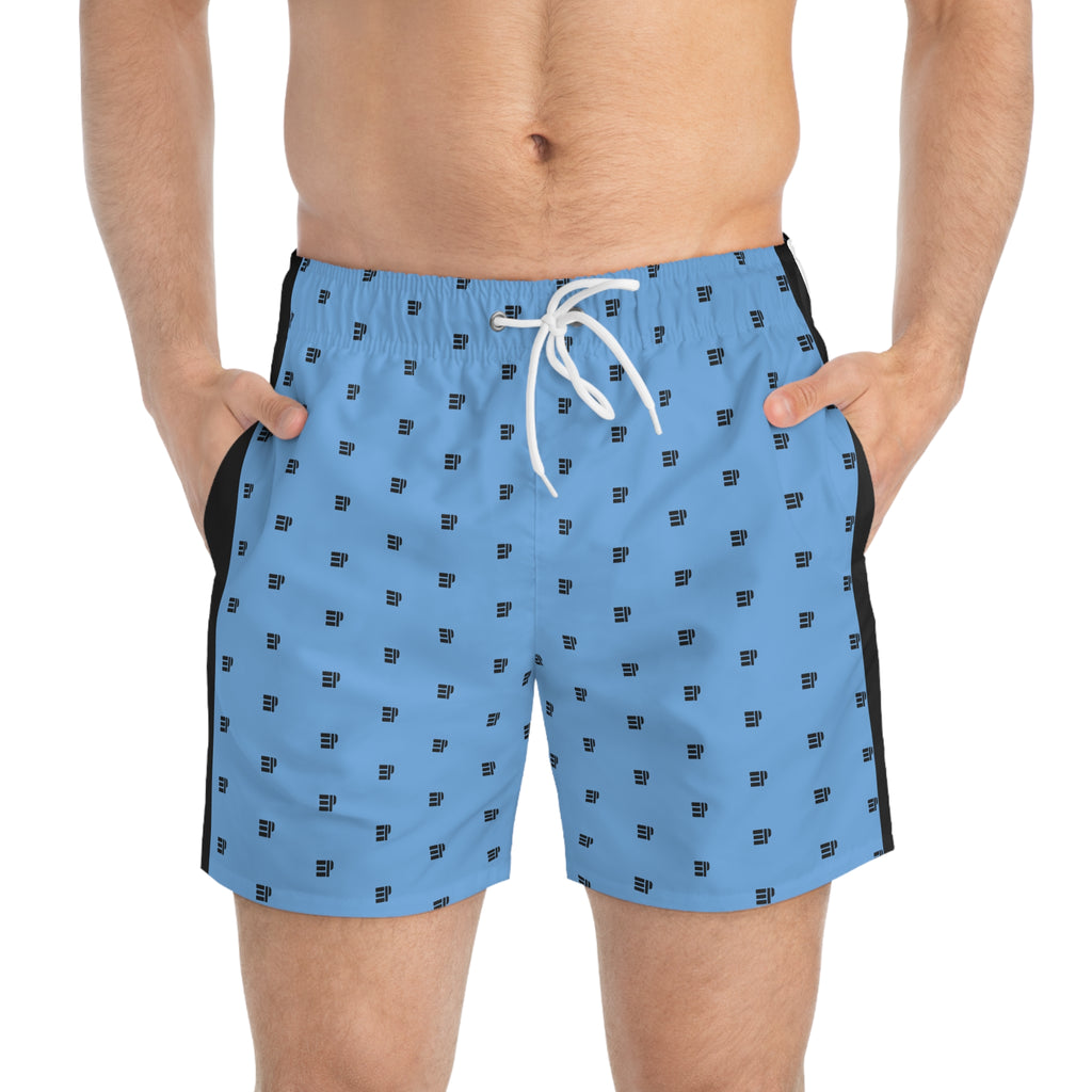 Blue Micro-Pattern Swim Trunks with Black Side Panels