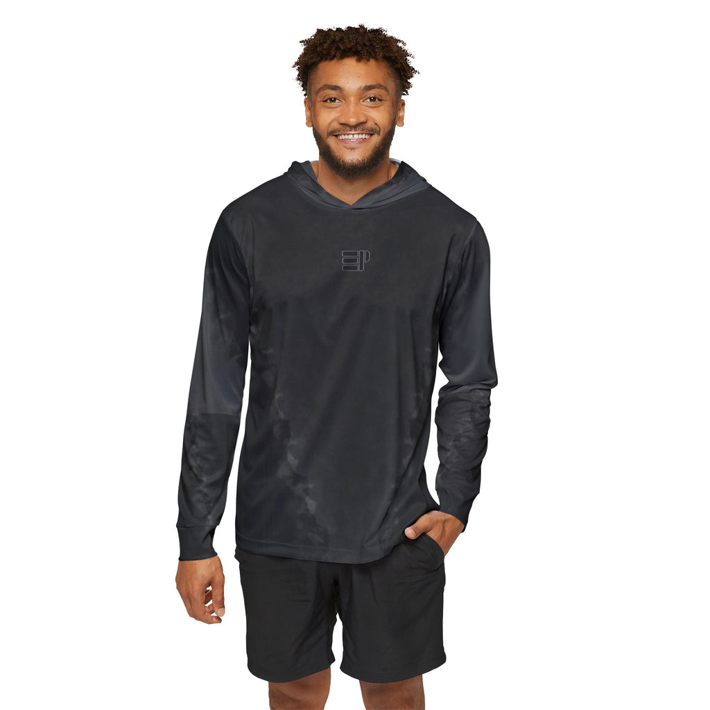 Men's Black Athletic Warmup Hoodie — Reflective Minimal Logo Sports Pullover