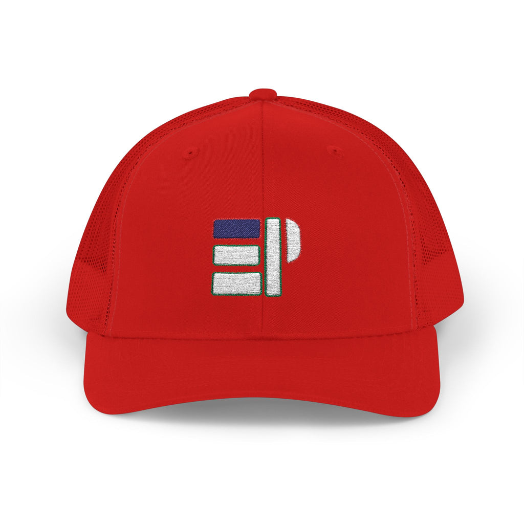 Red Trucker Cap with Retro Striped 'P' Patch — Casual Snapback Hat