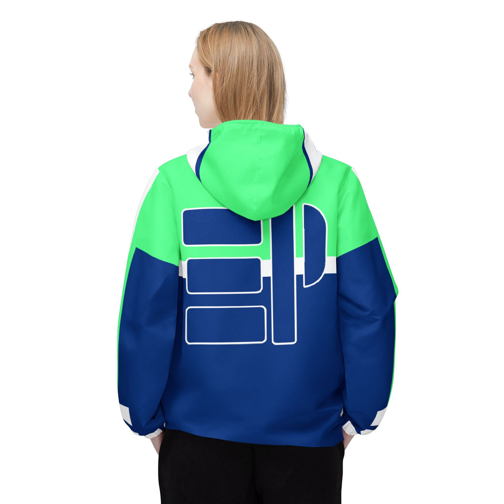 Neon Geo Windbreaker Jacket — Blue & Lime All-Over Print Hoodie