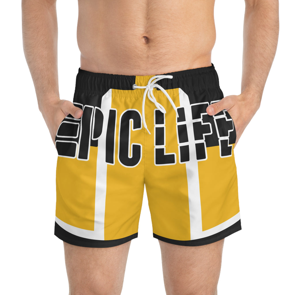 Epic Life Swim Trunks — Bold Yellow AOP Beach Shorts