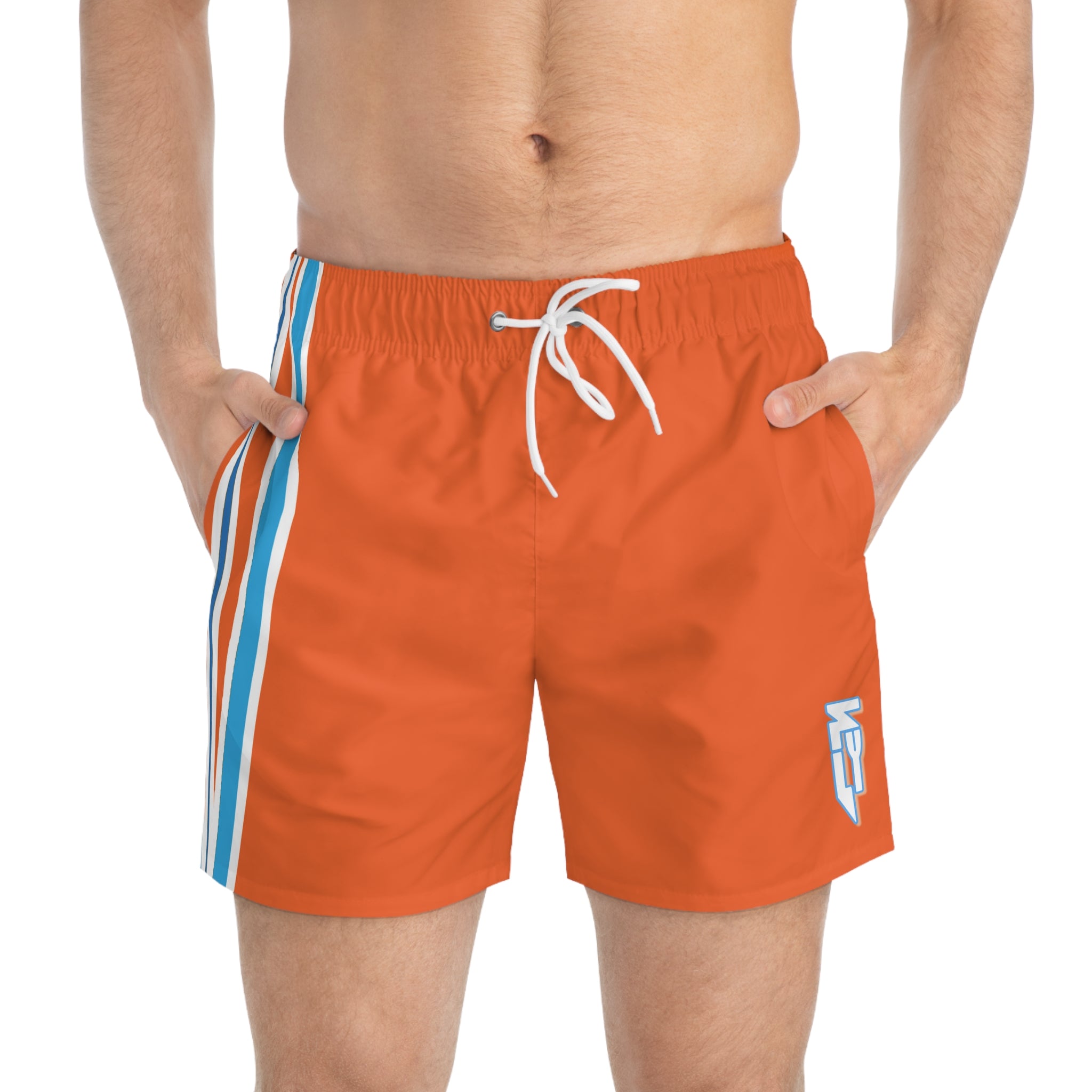 Retro Orange Swim Trunks with Blue Racing Stripes