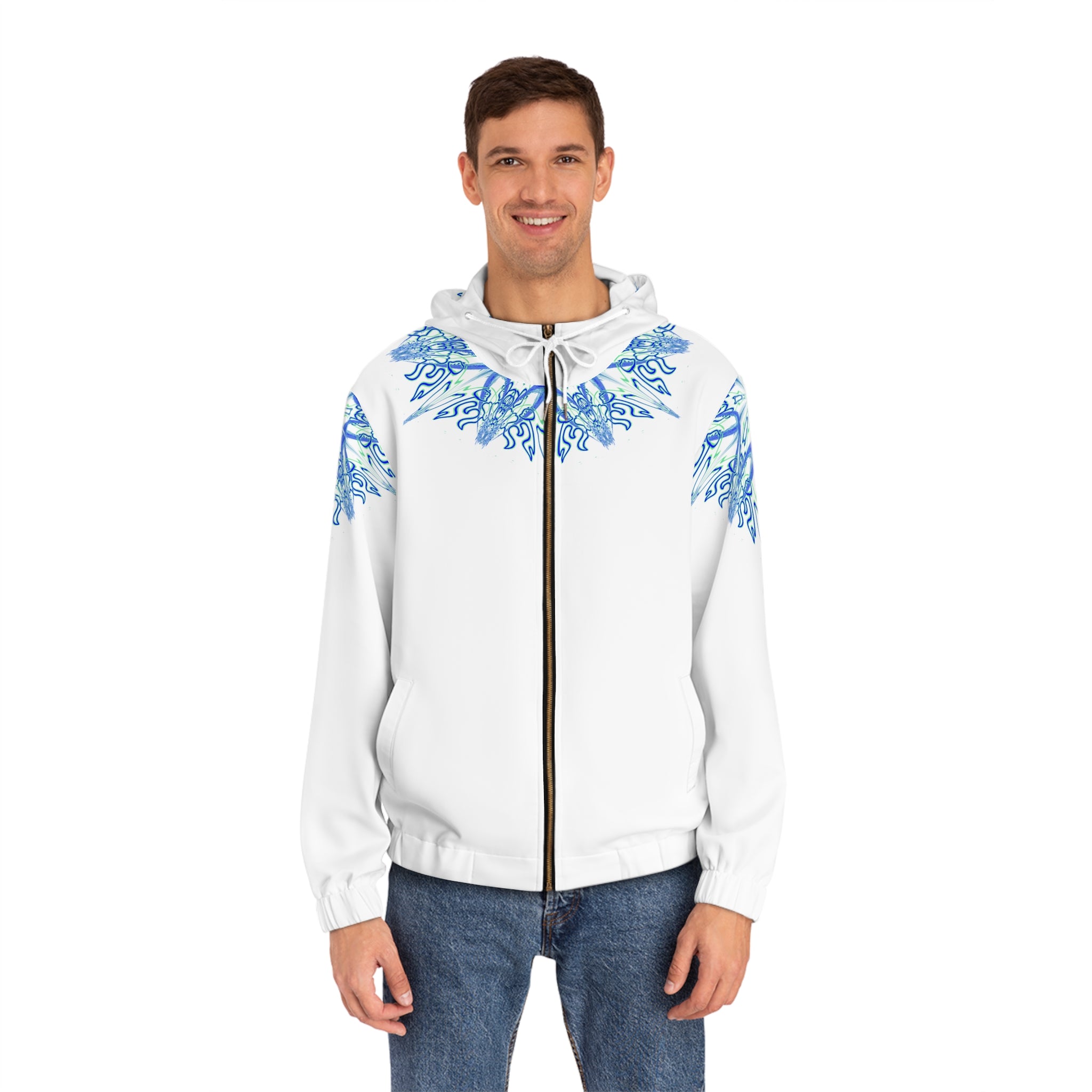 Men's Full‑Zip Hoodie — Blue Snowflake Mandala All‑Over Print