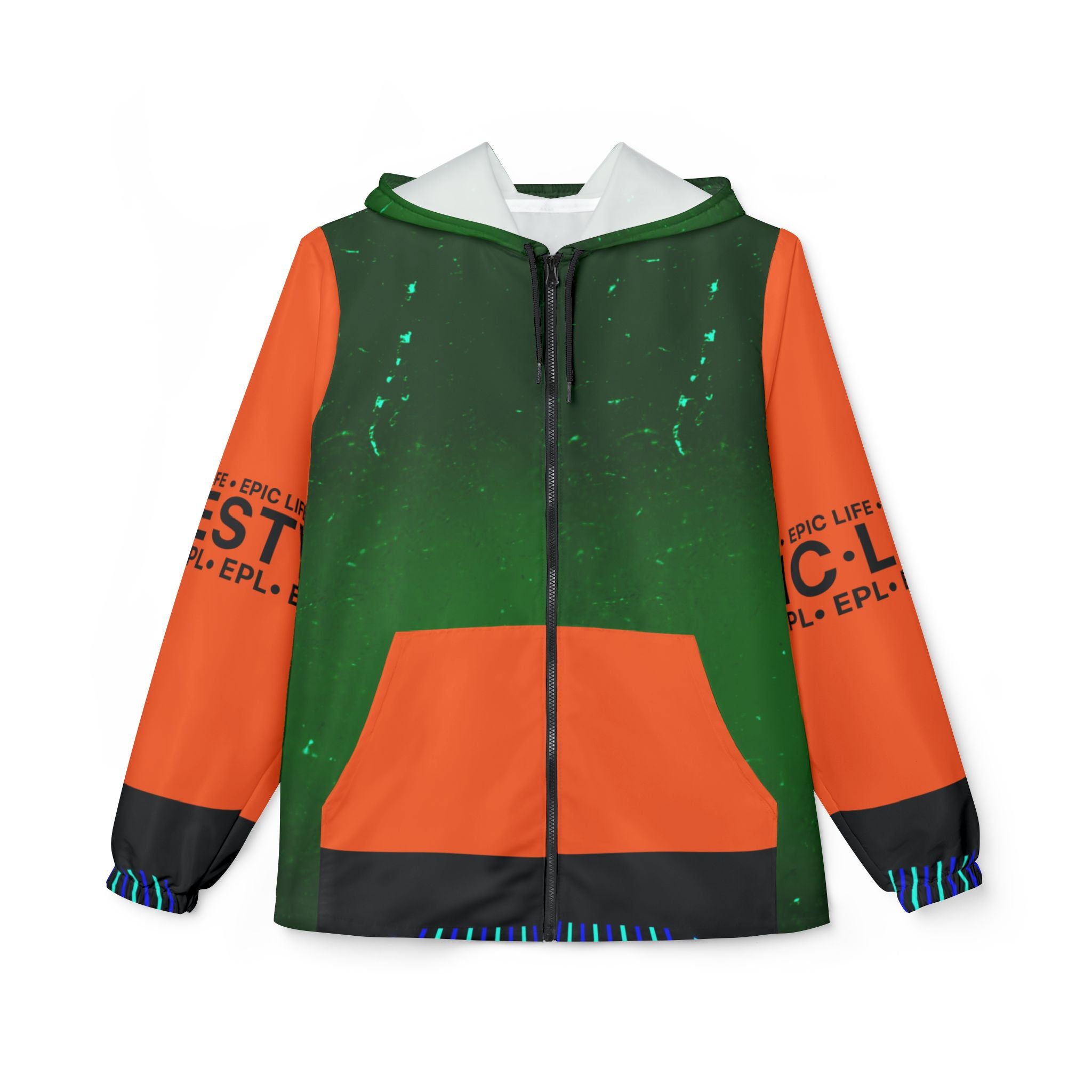 Green & Orange Graphic Windbreaker Jacket – All-Over Print, Bold Streetwear