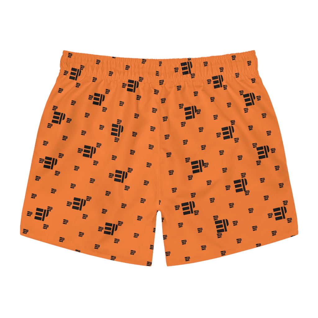 Orange Logo Pattern Swim Trunks – All-Over Print Beach Shorts