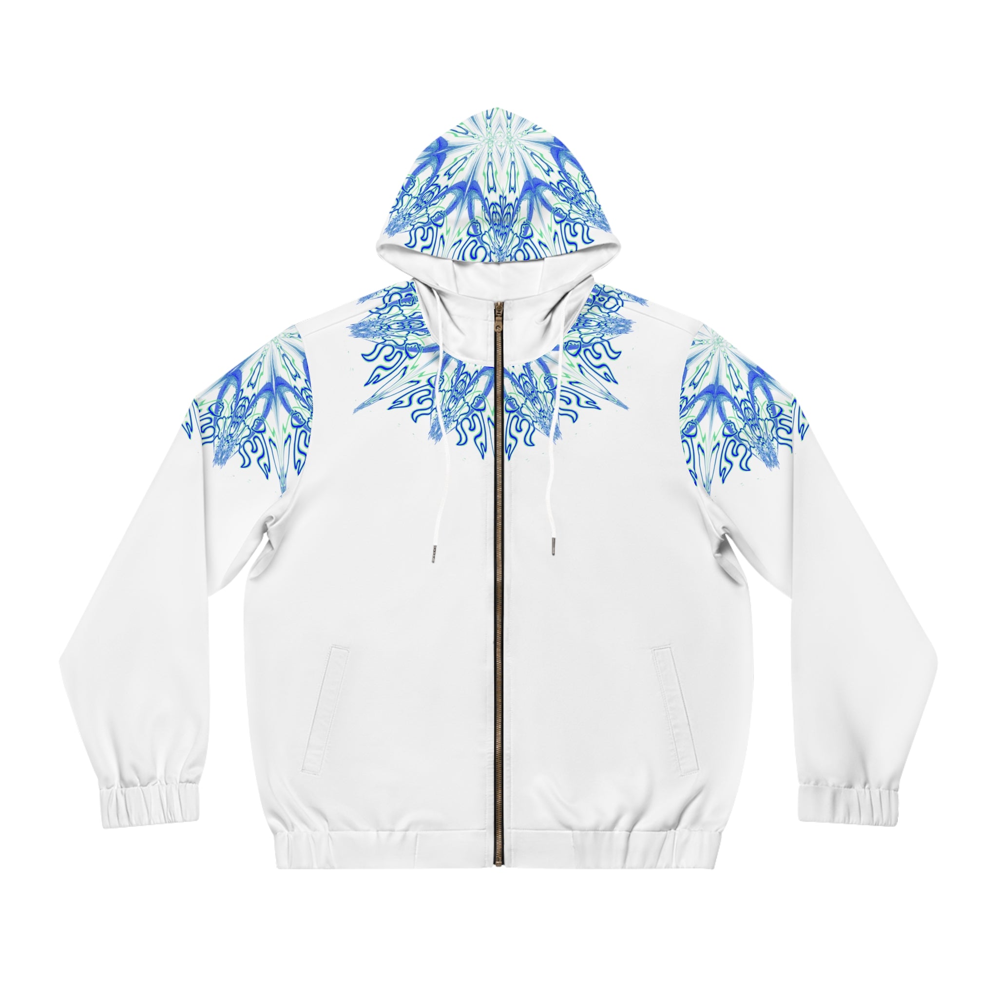 Men's Full‑Zip Hoodie — Blue Snowflake Mandala All‑Over Print