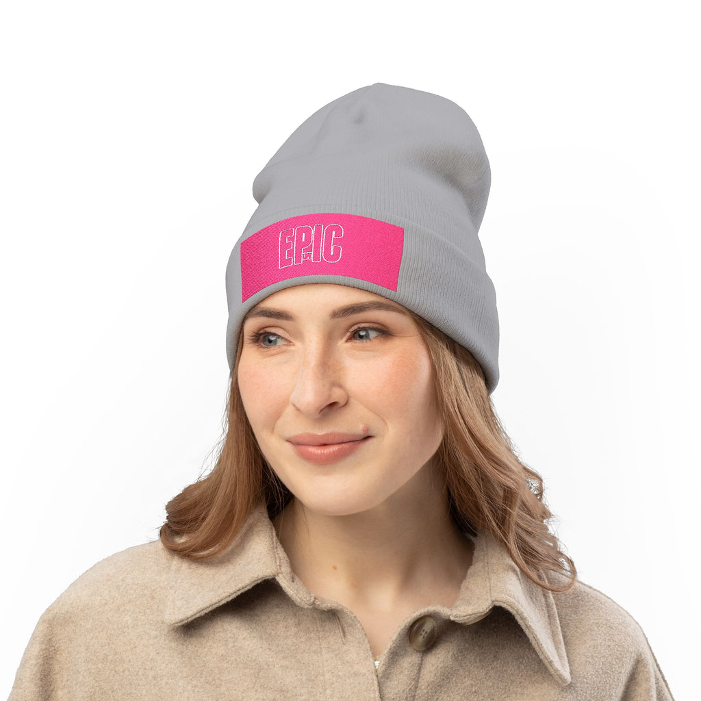Embroidered 'EPIC' Knit Beanie - Pink Patch Winter Hat