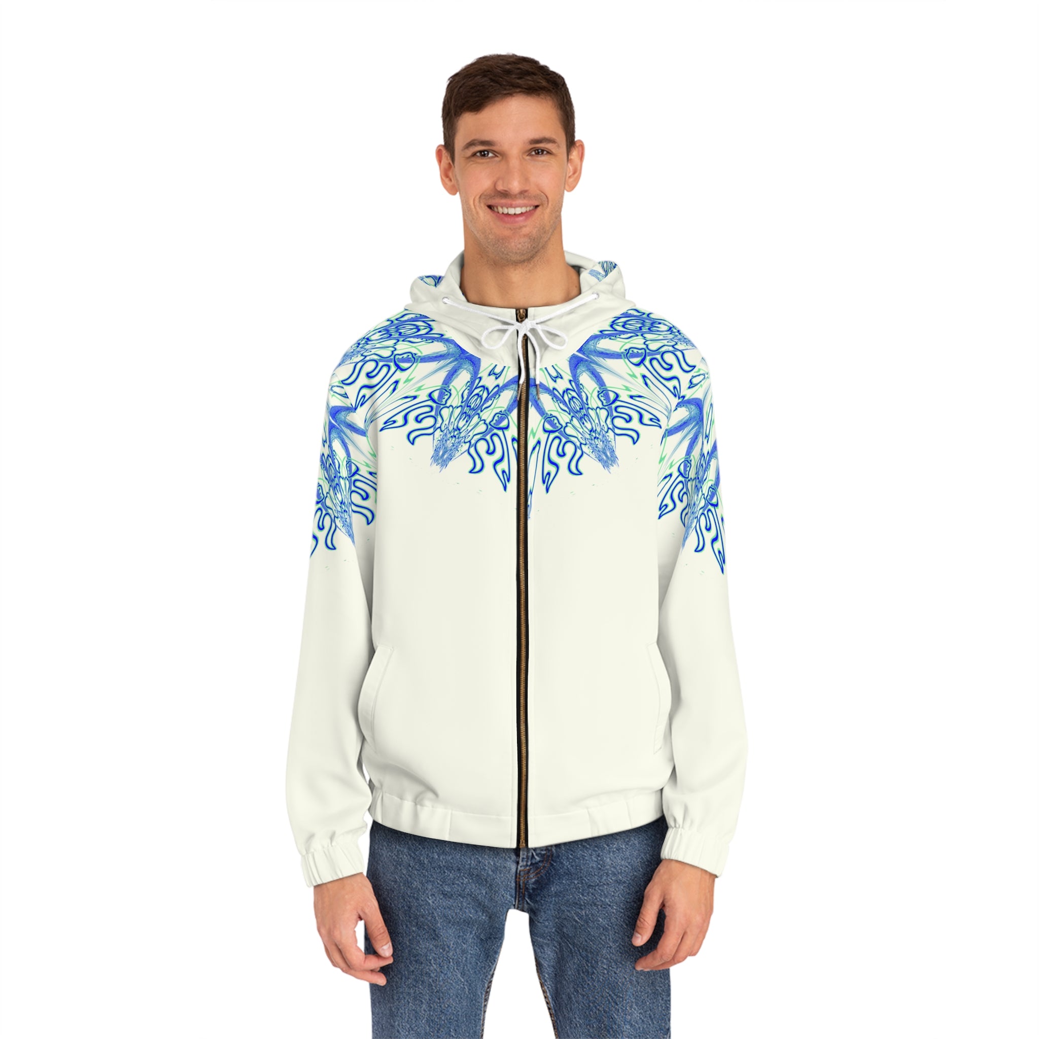 Blue Mandala Zip Hoodie — Men's All-Over Print Lightweight Hooded Jacket
