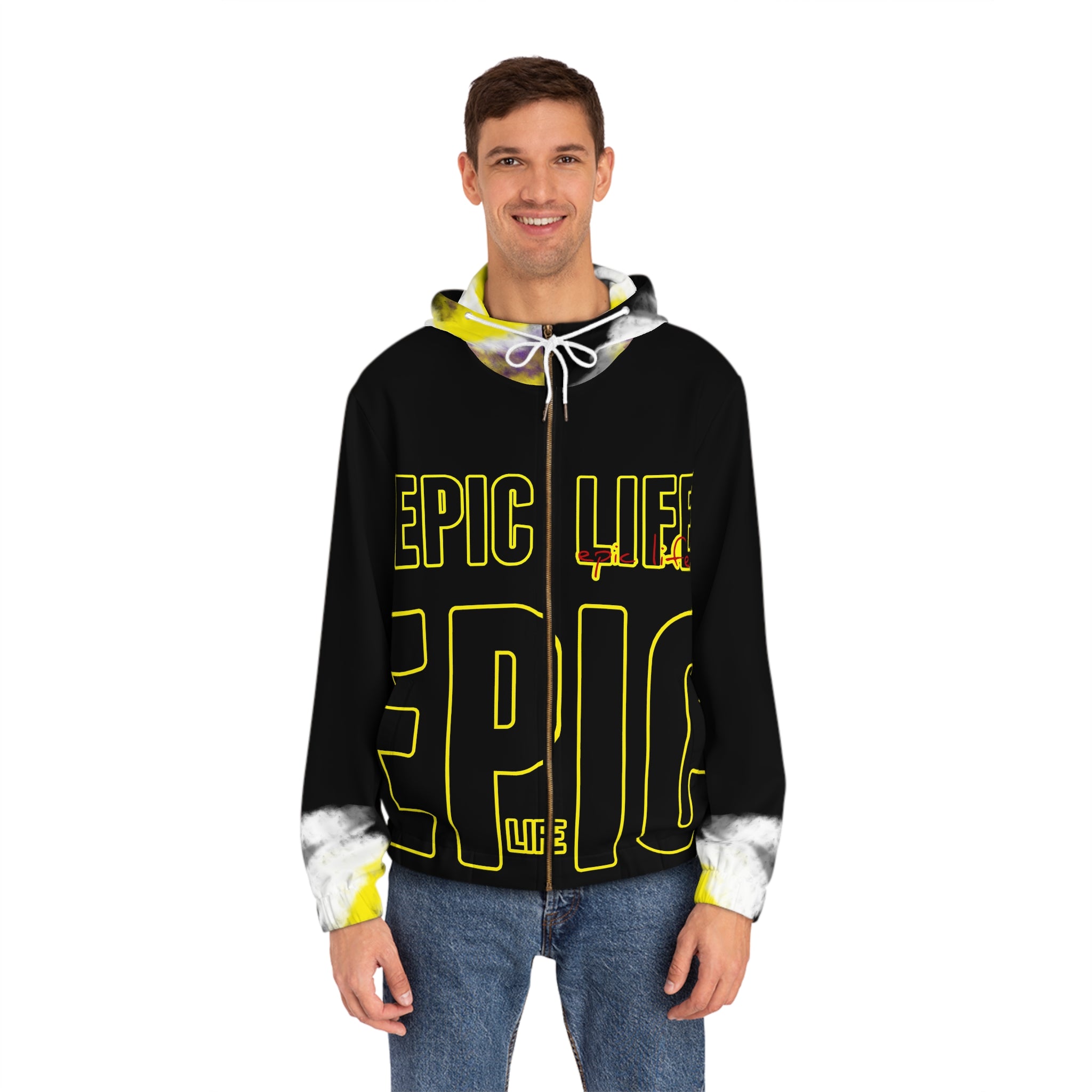 Epic Life Full-Zip Hoodie — Bold Black & Yellow Graphic Zip-Up