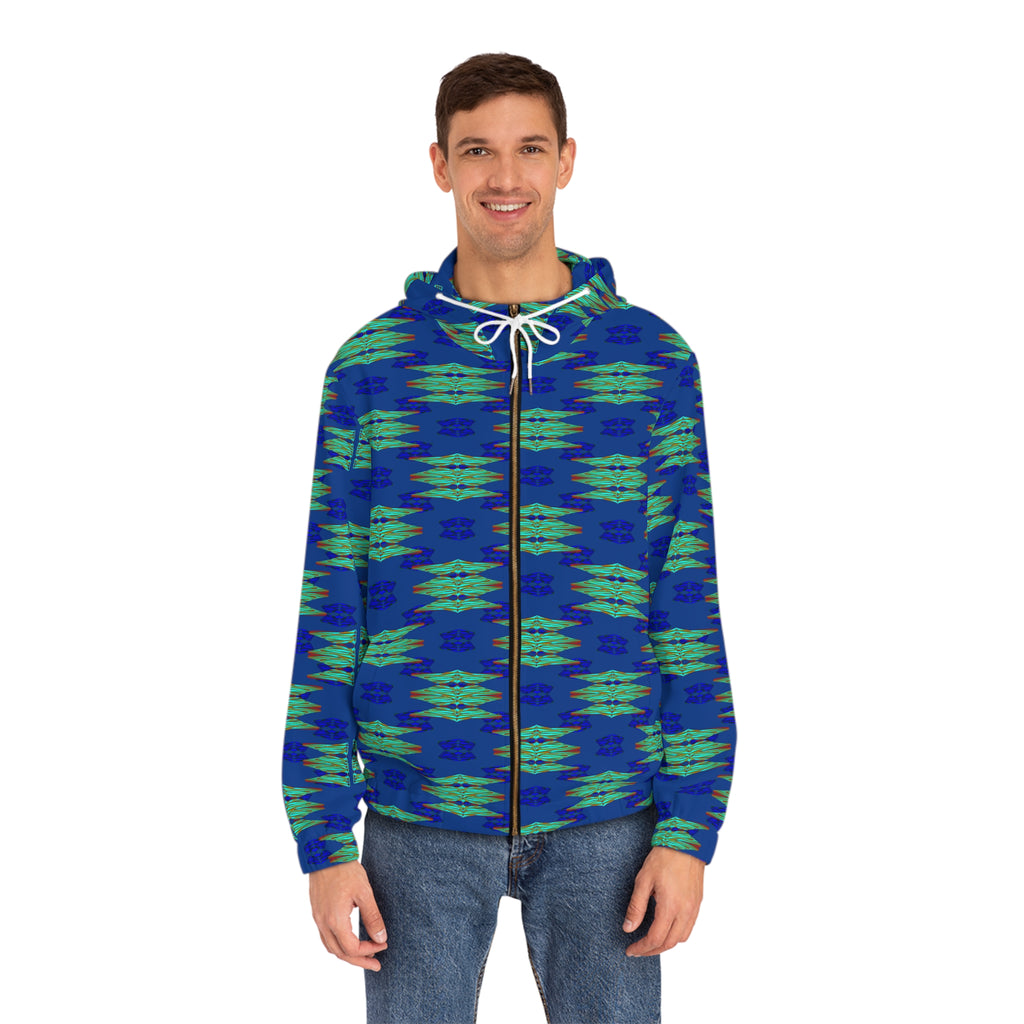 Blue Green Ikat Pattern Full-Zip Hoodie — Men's All-Over Print