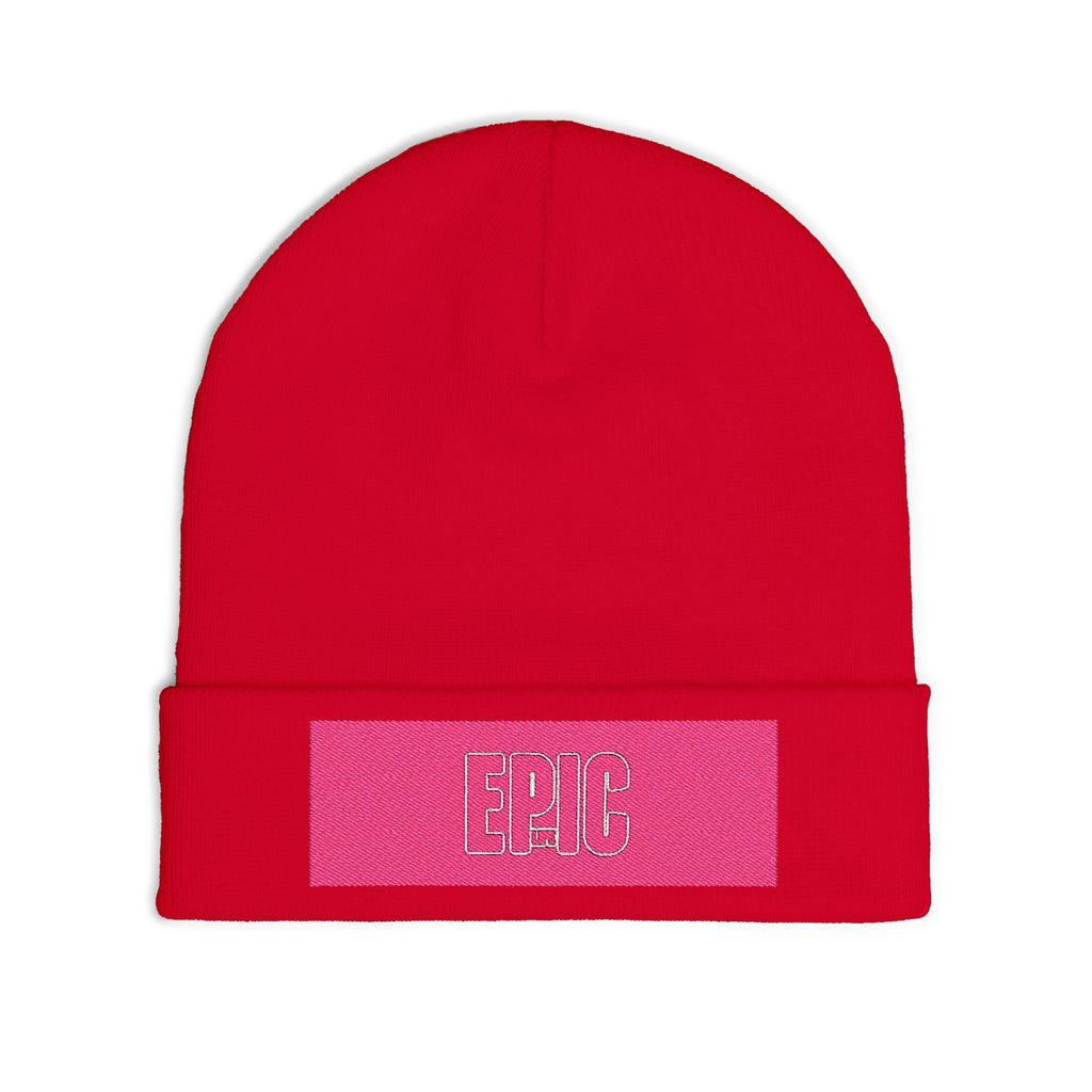 Embroidered 'EPIC' Knit Beanie - Pink Patch Winter Hat