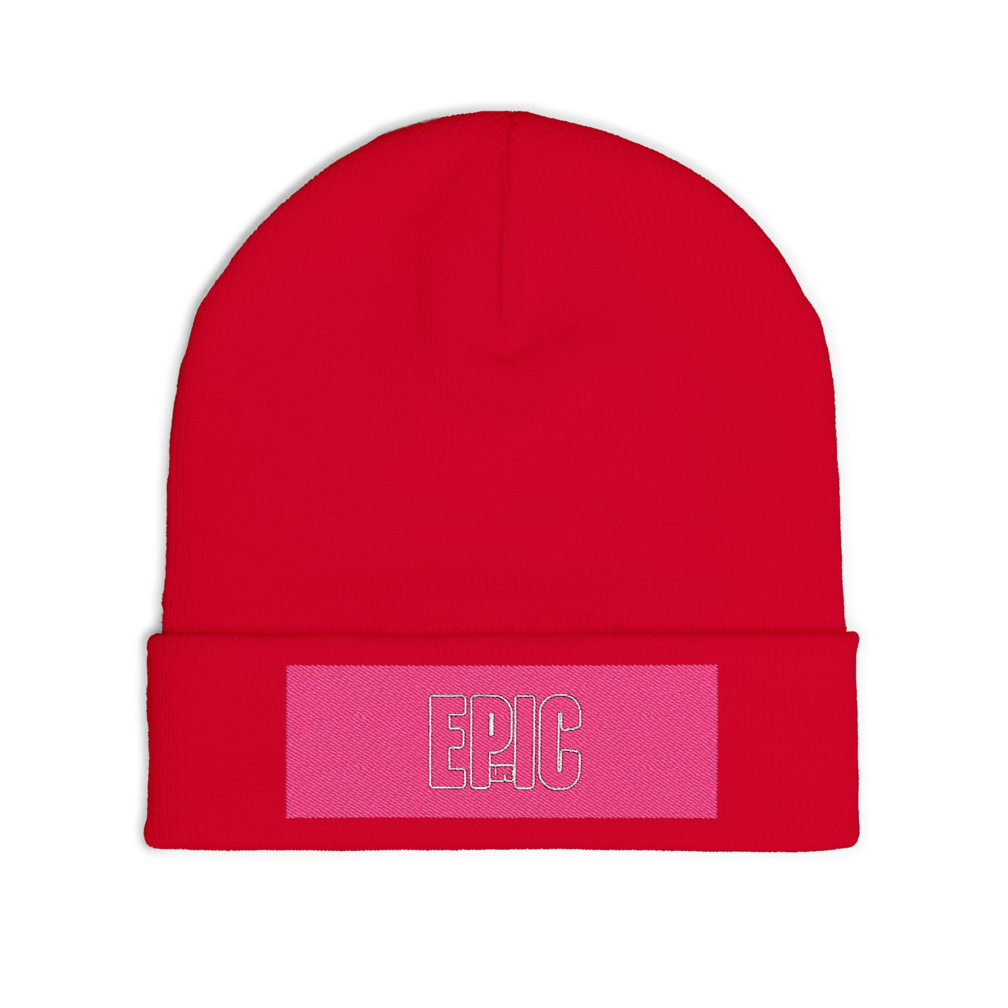 Embroidered 'EPIC' Knit Beanie - Pink Patch Winter Hat