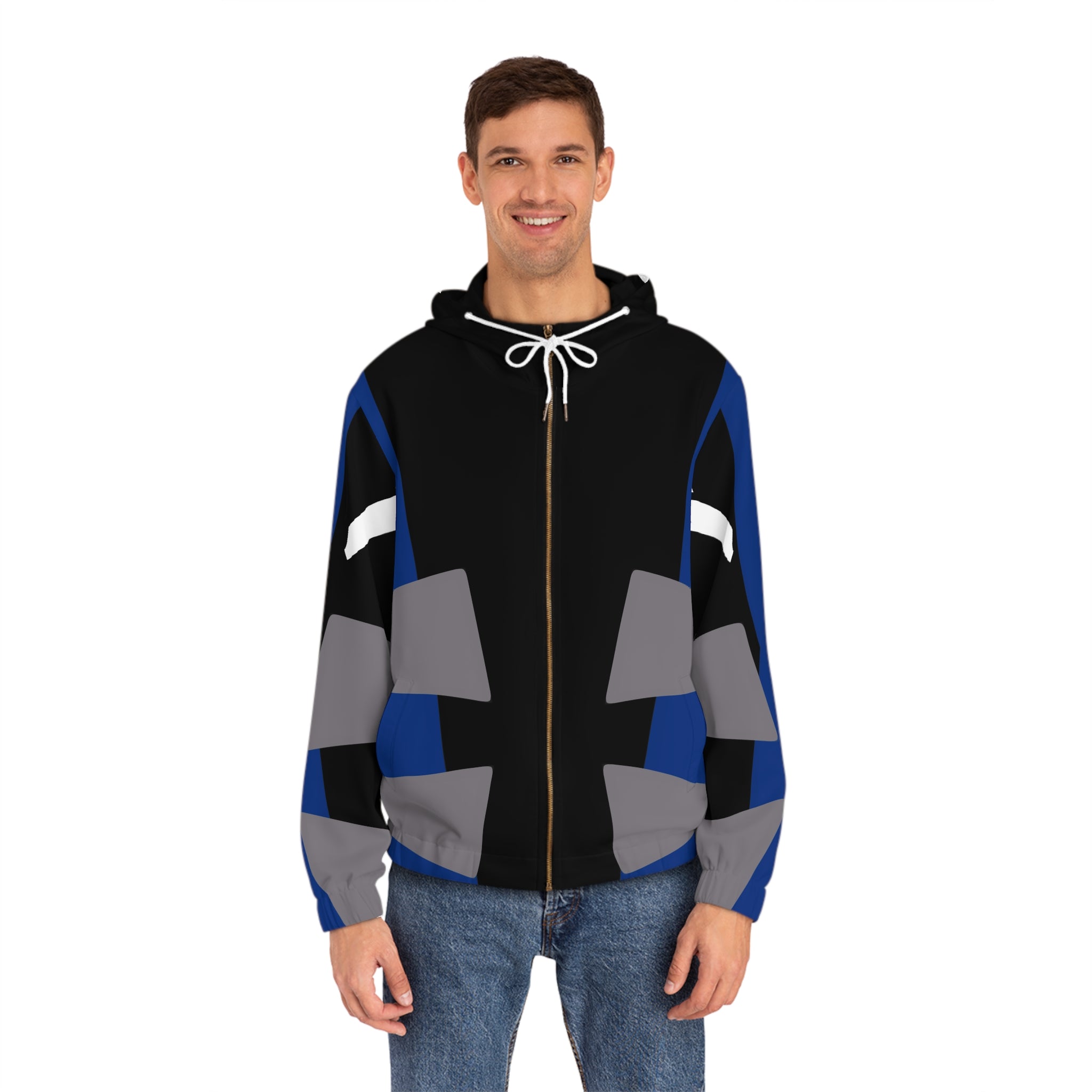 Epic Geometric Blue & Black Full‑Zip Hoodie — Men's Abstract Streetwear