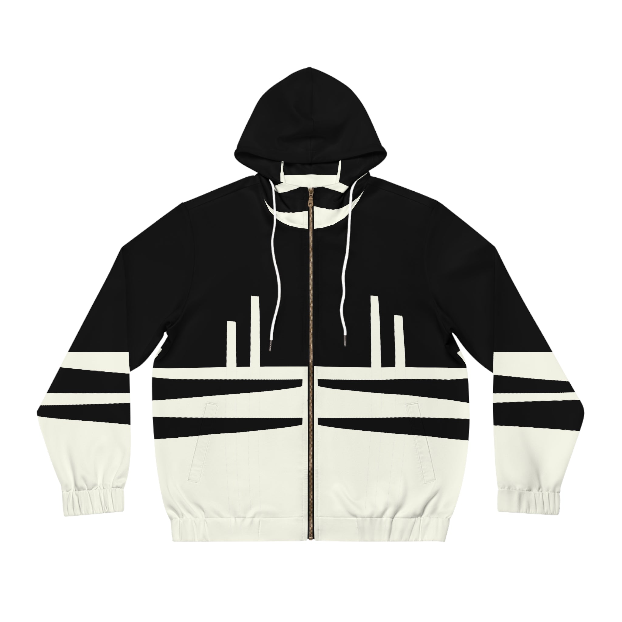Minimalist Black & Ivory Zip Hoodie — Geometric Stripe Full-Zip Hoodie