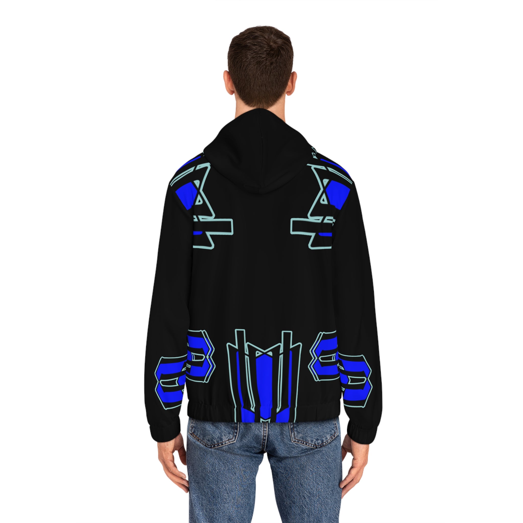 Geometric Neon Blue Zip Hoodie — Futuristic Streetwear Jacket