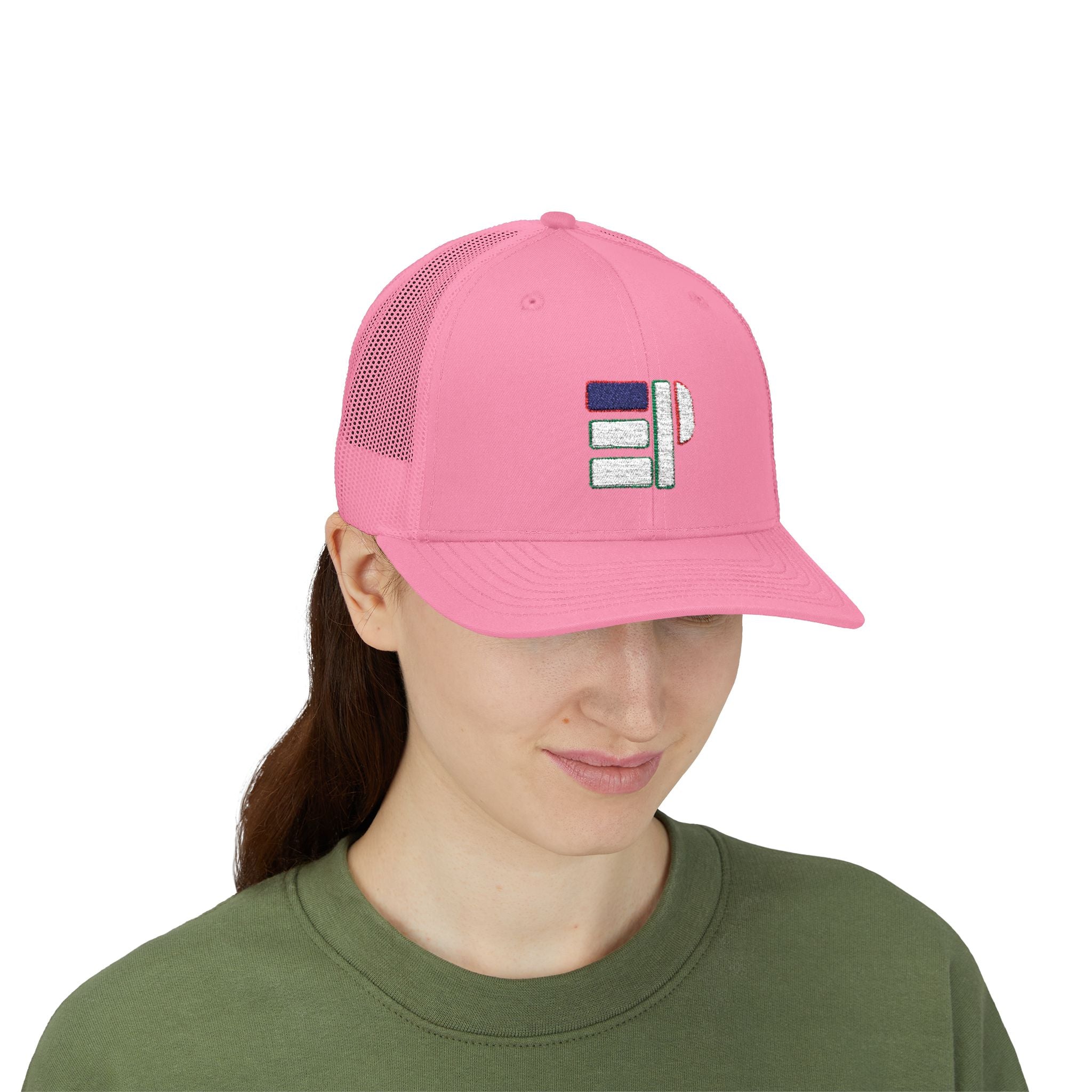 Pink Trucker Cap with Retro Striped 'P' Patch — Casual Snapback Hat