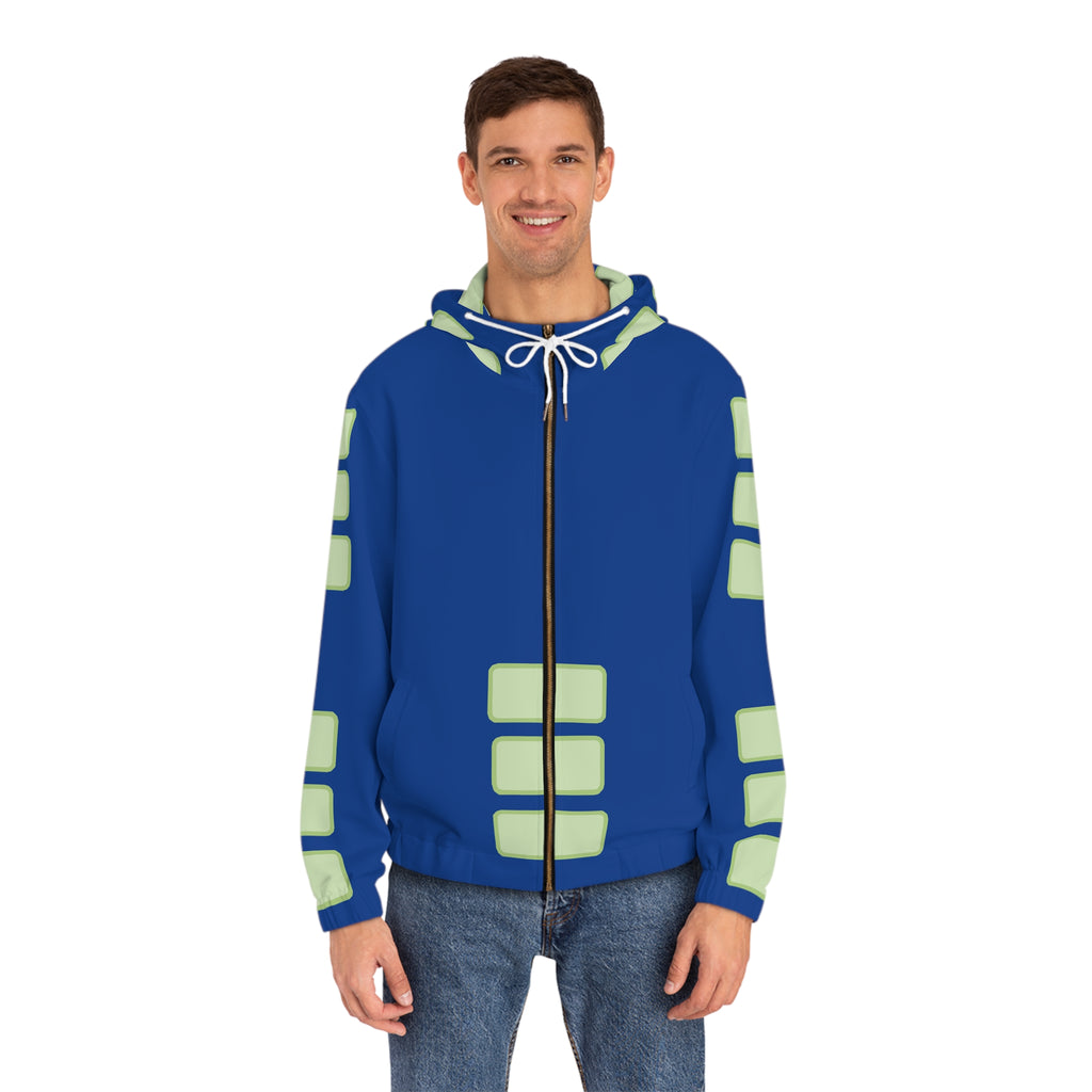 Blue Geometric Panel Full-Zip Hoodie