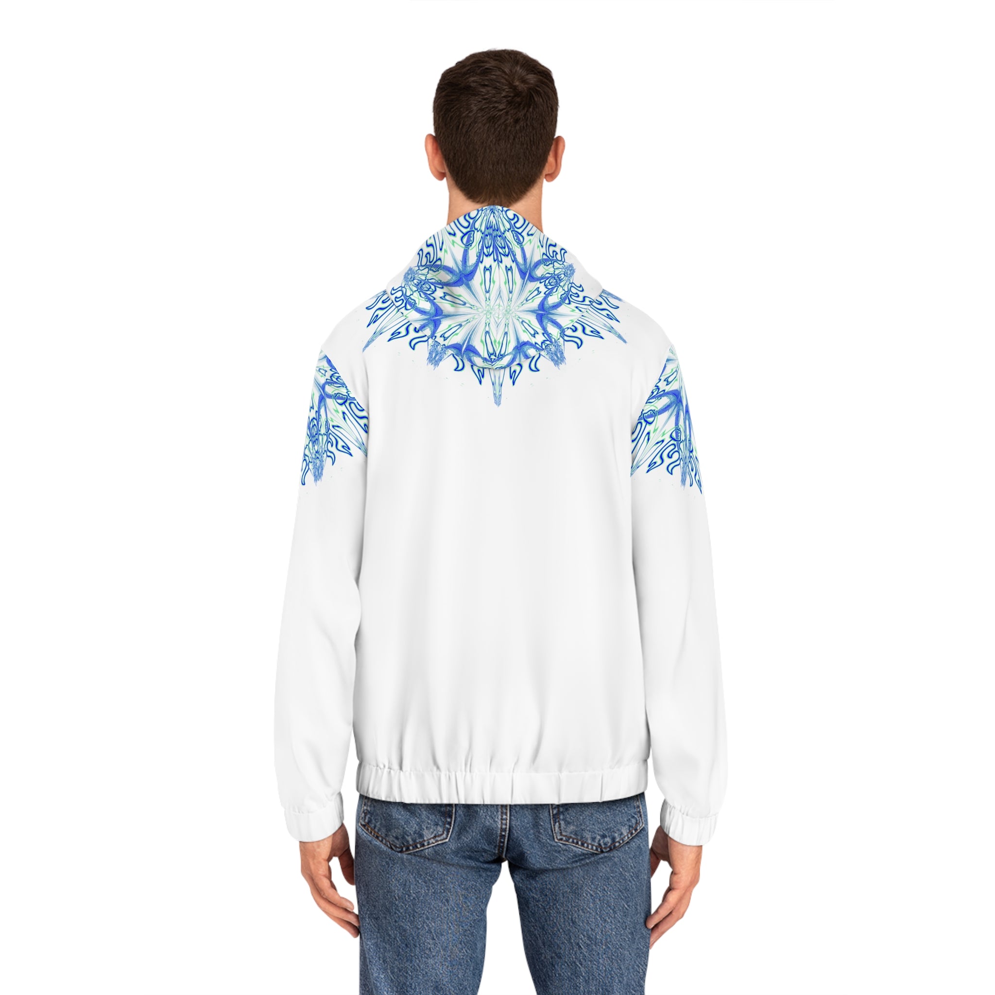 Men's Full‑Zip Hoodie — Blue Snowflake Mandala All‑Over Print