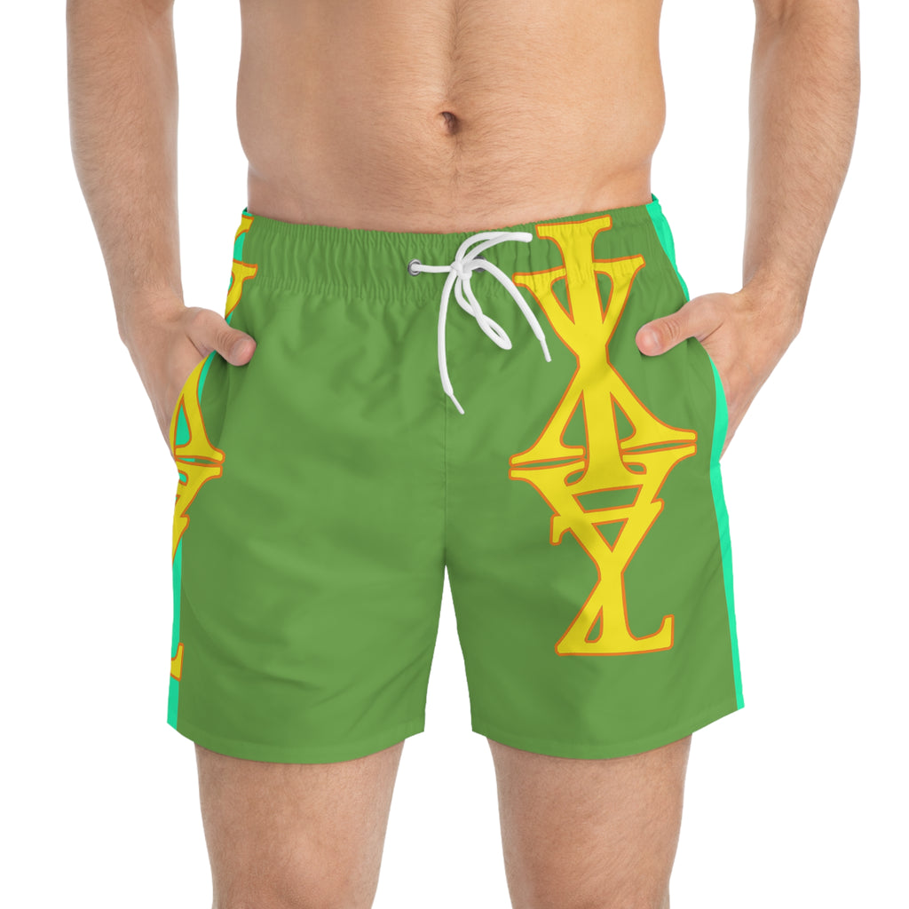 Tropical Green Swim Trunks with Bold Gold Nautical Motif