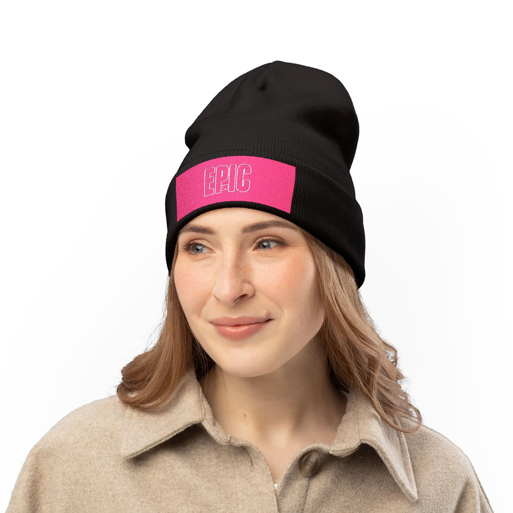 Embroidered 'EPIC' Knit Beanie - Pink Patch Winter Hat