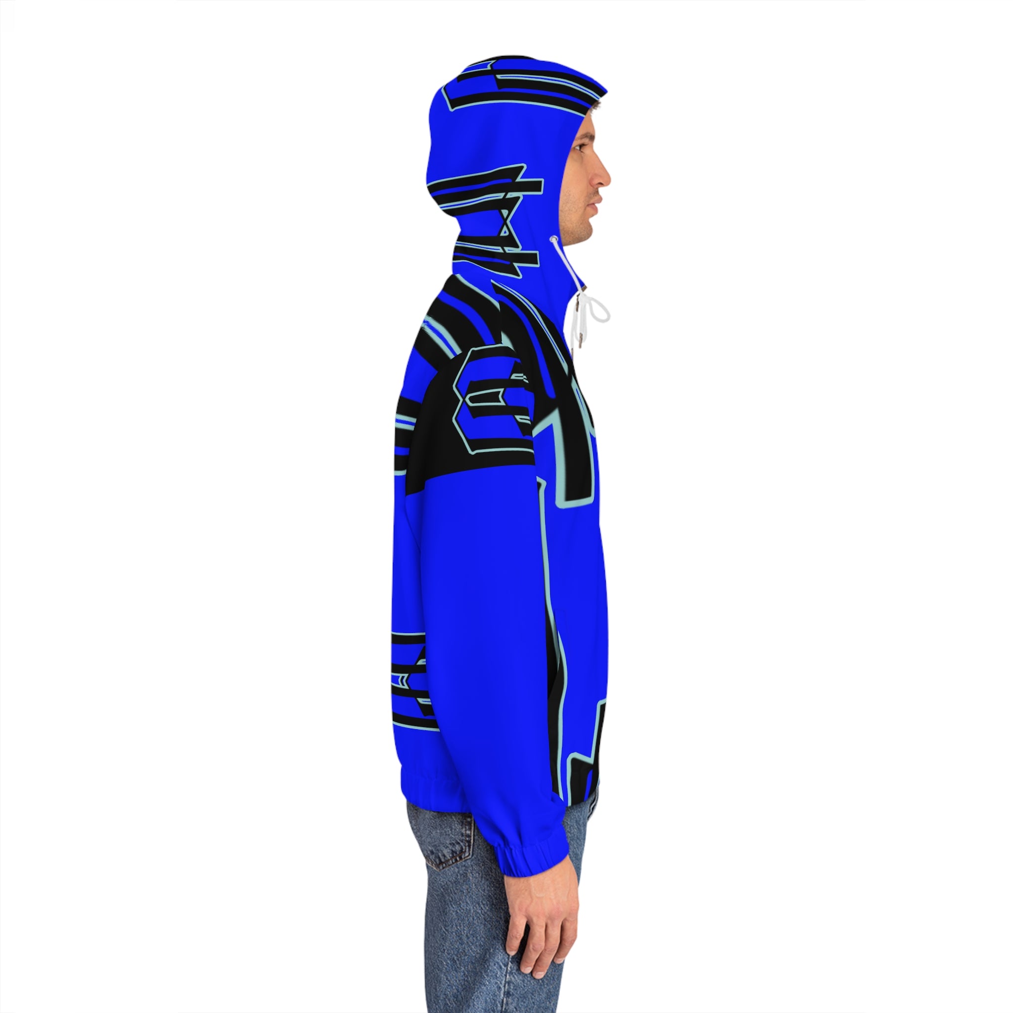 Blue Geometric Pattern Full‑Zip Hoodie — Bold Tribal Tech AOP Jacket