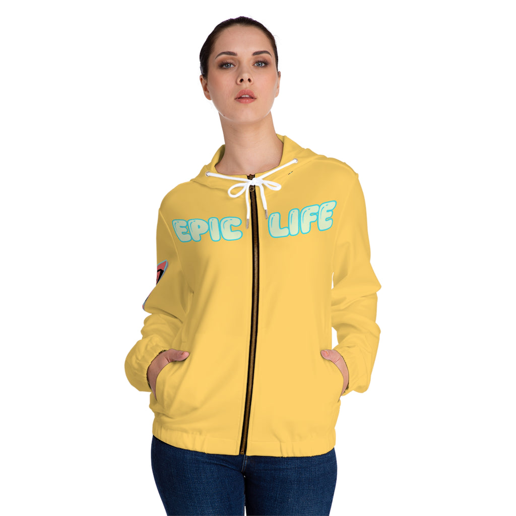 Epic Life Women’s Full-Zip Hoodie — Bright Yellow Retro Graphic Zip-Up