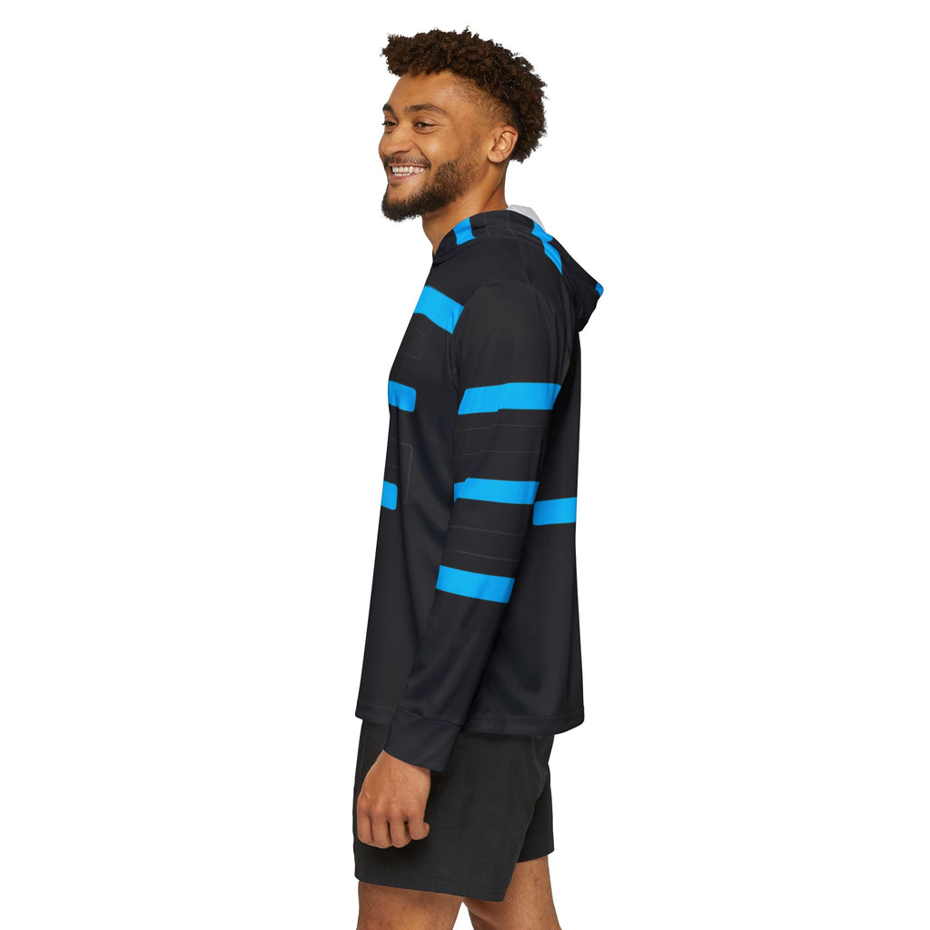 Men’s Black Athletic Hoodie with Electric Blue Stripe Design
