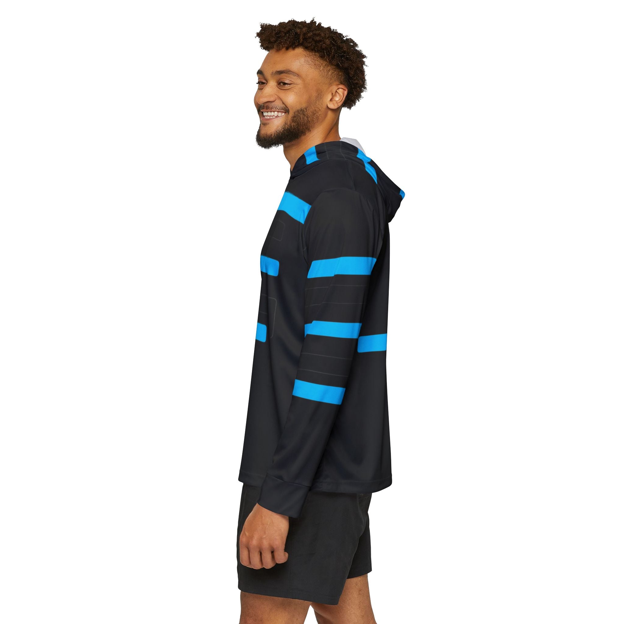 Men’s Black Athletic Hoodie with Electric Blue Stripe Design