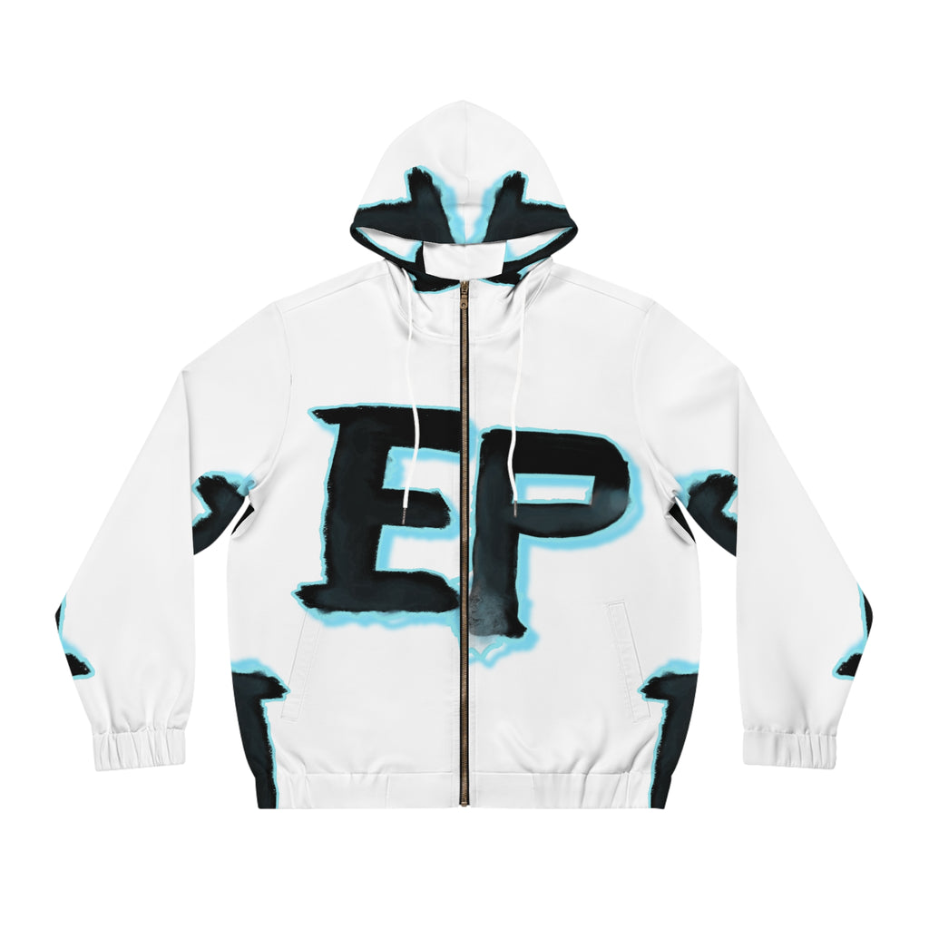 White Full-Zip Hoodie with Bold ‘EP’ Graphic — Streetwear Zip-Up Jacket