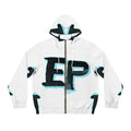 White Full-Zip Hoodie with Bold ‘EP’ Graphic — Streetwear Zip-Up Jacket