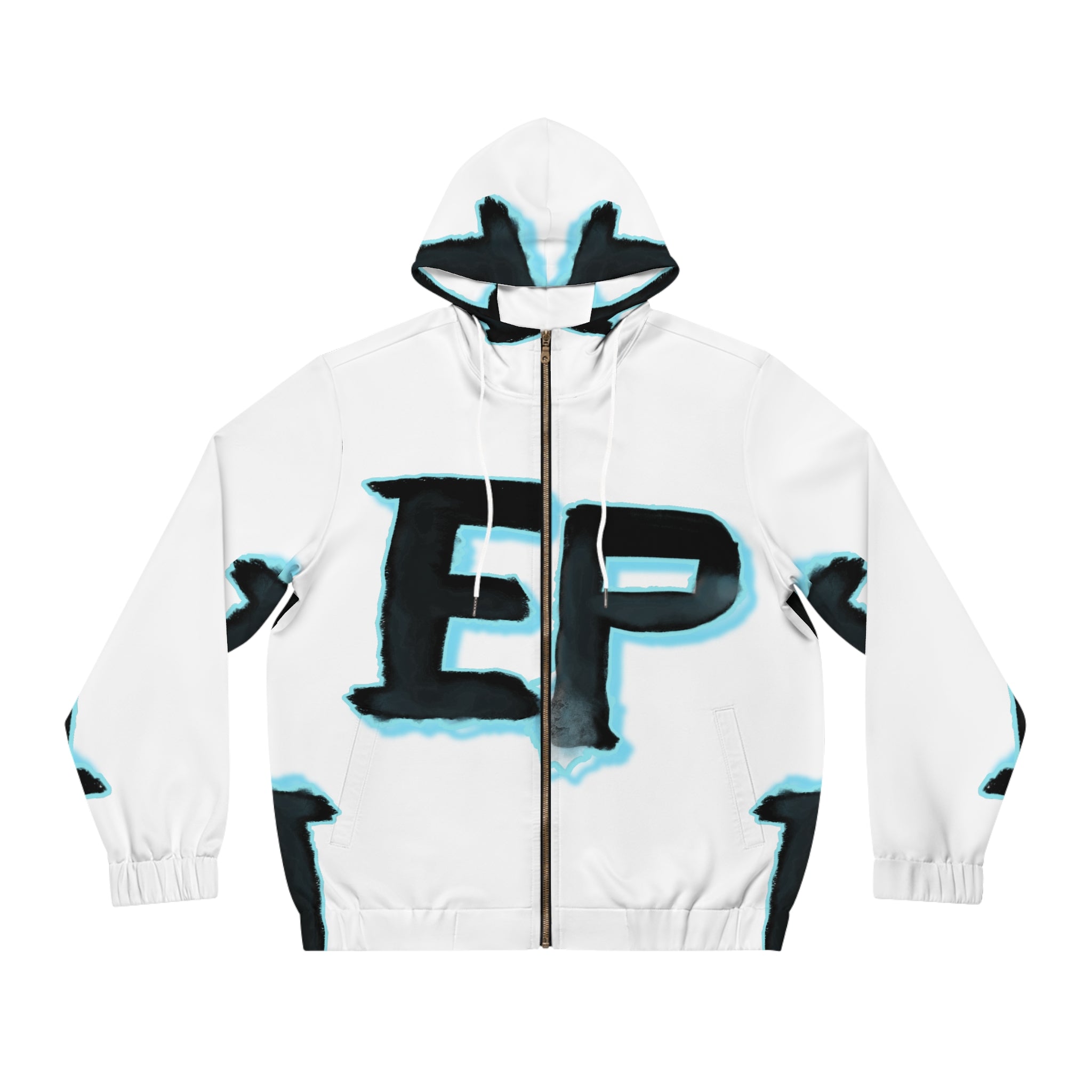 White Full-Zip Hoodie with Bold ‘EP’ Graphic — Streetwear Zip-Up Jacket