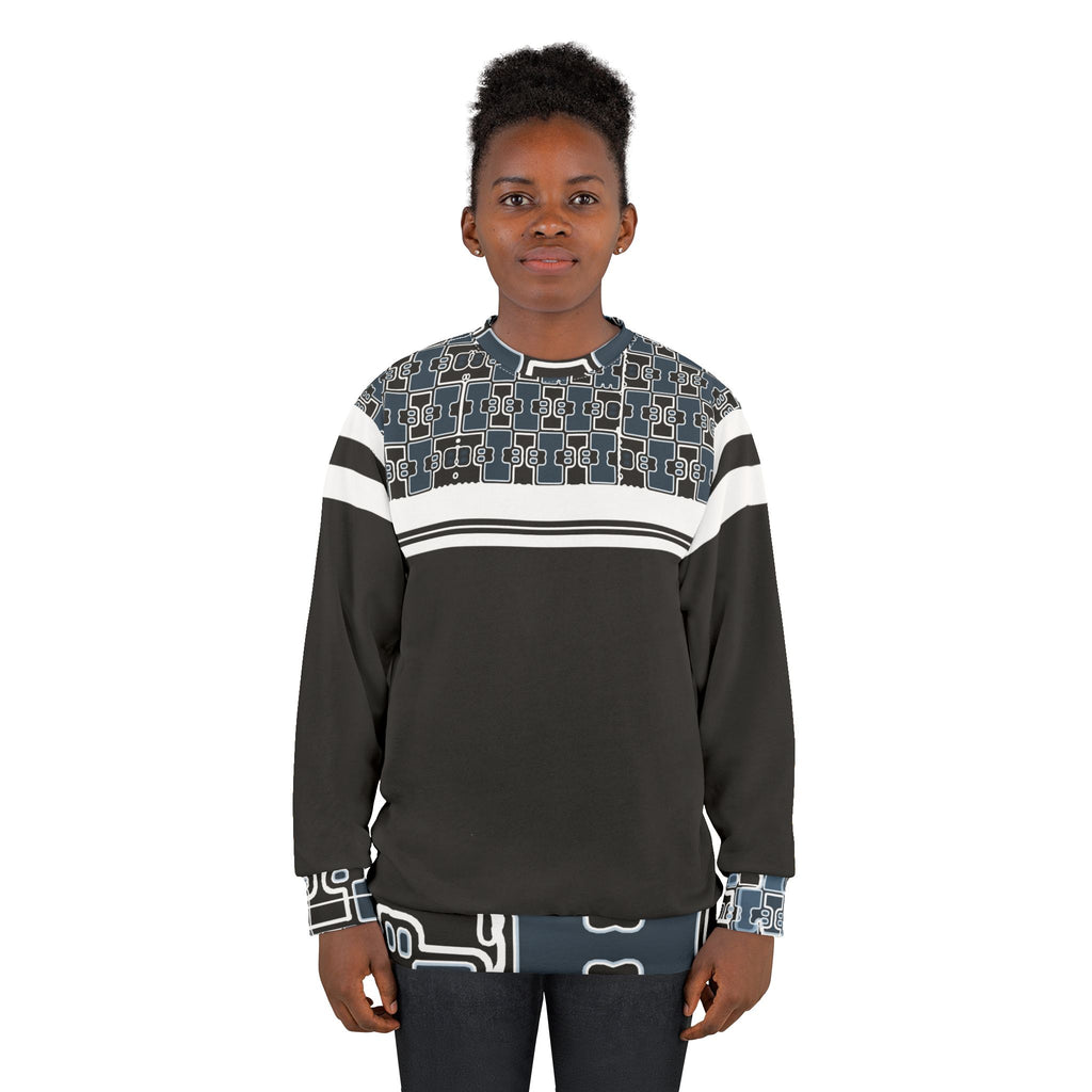 Retro Geo Panel Sweatshirt — Black & Slate All-Over Print