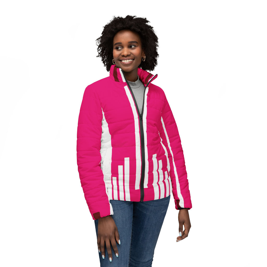Pink Barcode Puffer Jacket — Women’s Quilted Winter Coat