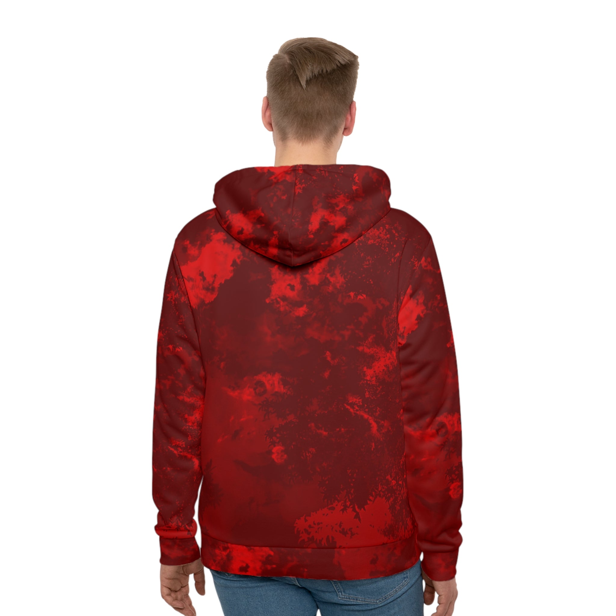 Red Tie-Dye Hoodie — All-Over Print Casual Pullover