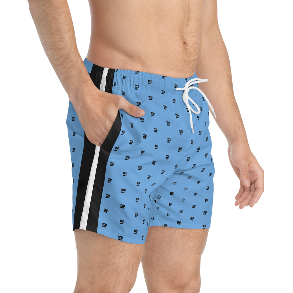 Blue Micro-Pattern Swim Trunks with Black Side Panels