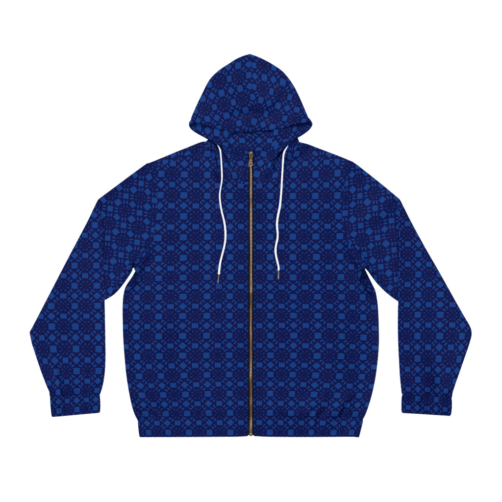 Blue Geometric Pattern Full‑Zip Hoodie