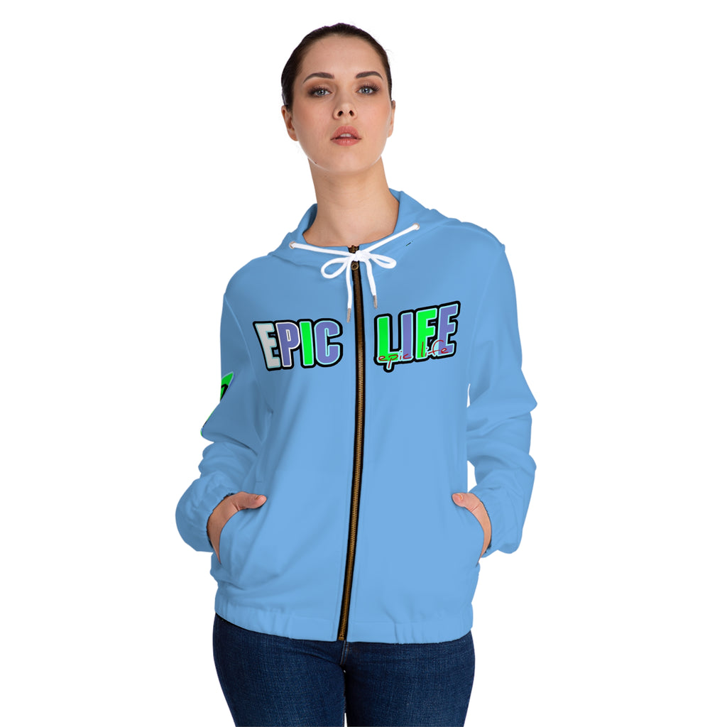 Epic Life Women’s Full-Zip Hoodie — Blue Graphic Zip-Up with Green Accent Hood