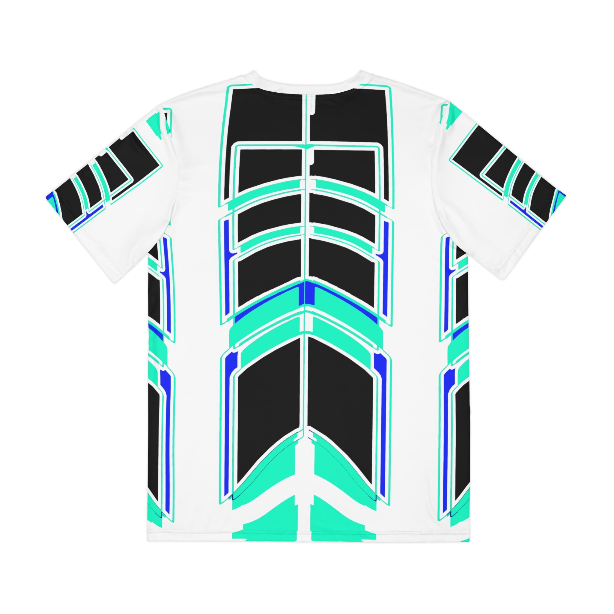 Futuristic Geometric Men's Polyester Tee — Aqua Black Tech Print