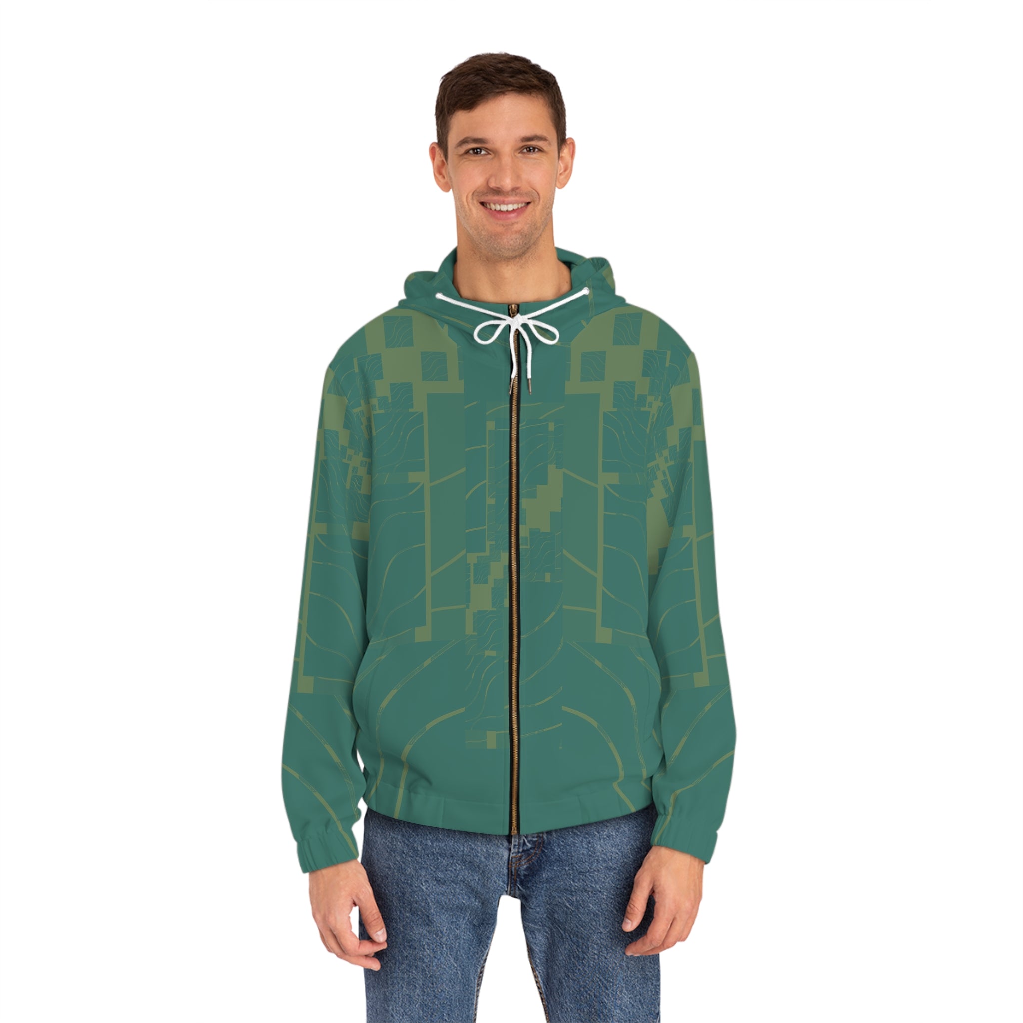 Urban Graphic Full-Zip Hoodie, Trendy Outerwear, Casual Wear, Unique Gift for Men, Street Style Fashion, Cozy Layering Piece