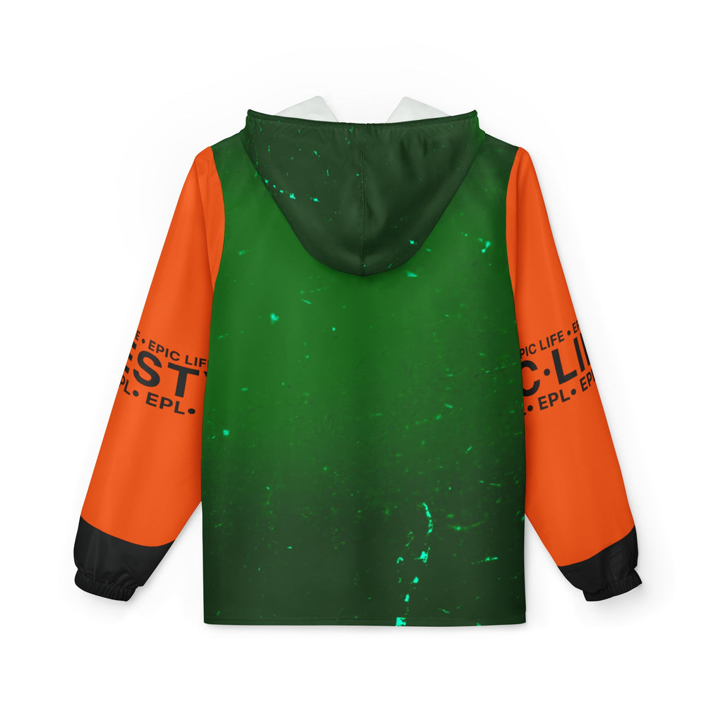 Green & Orange Graphic Windbreaker Jacket – All-Over Print, Bold Streetwear