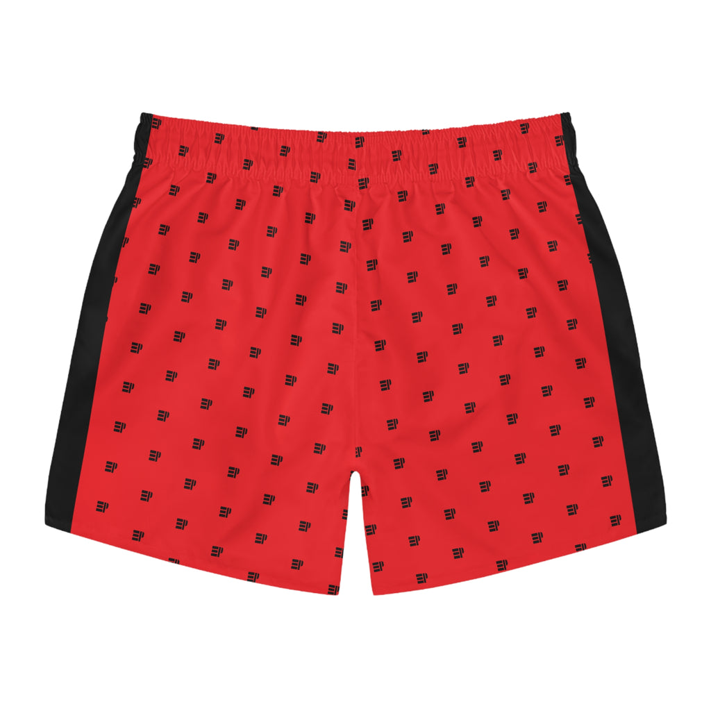 Men's Red Patterned Swim Trunks with Black Side Stripes — All-Over Print