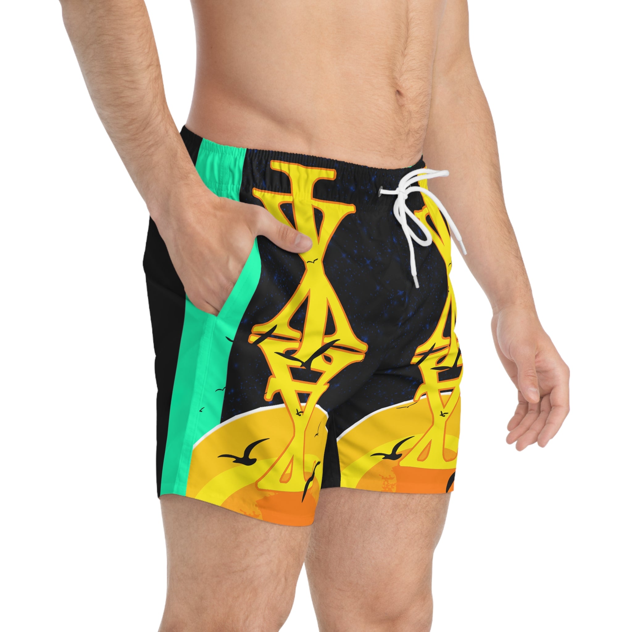 Sunset Glyph Swim Trunks — Tropical Beach Swim Shorts